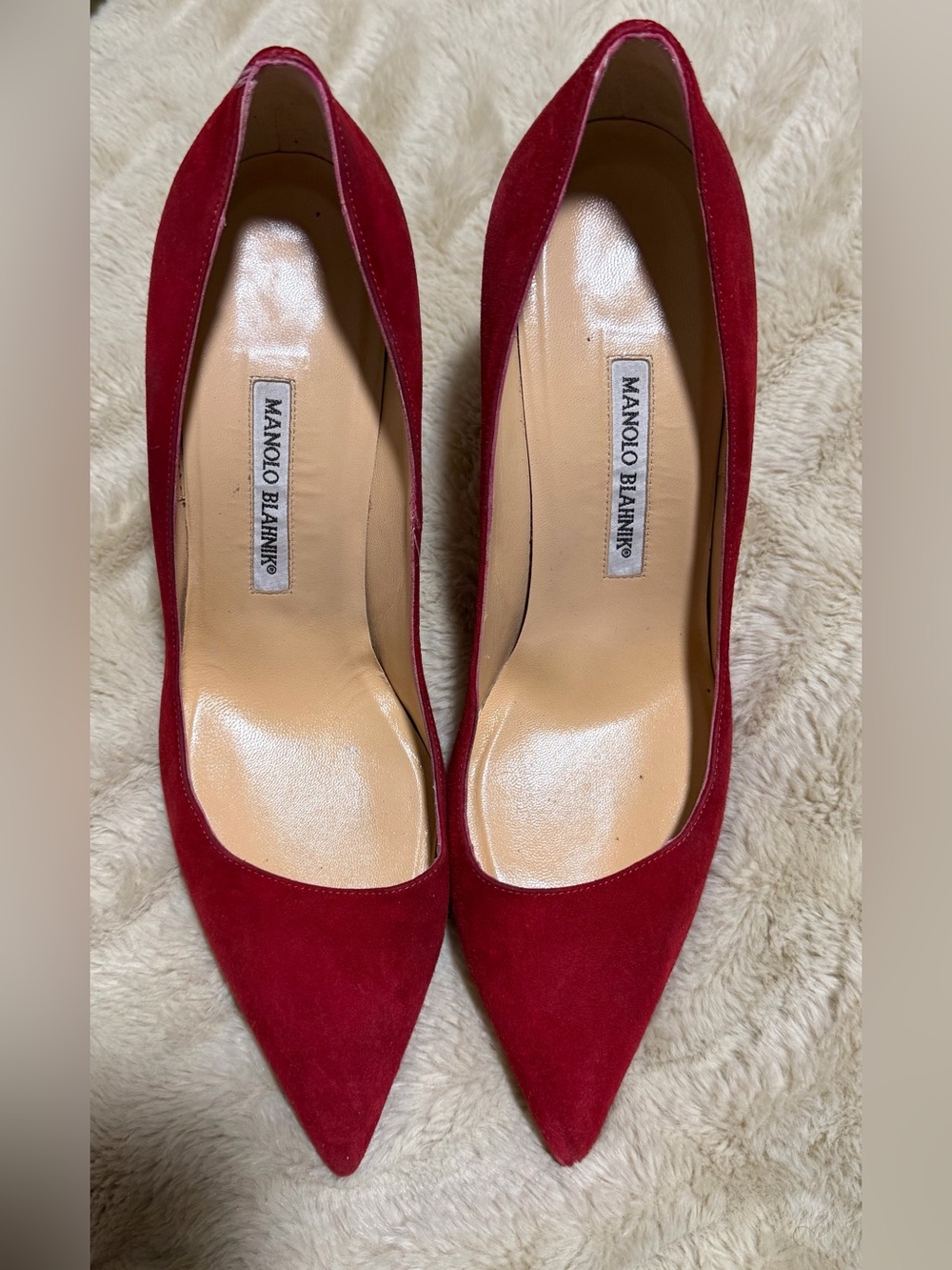Manolo Blahnik Red Suede Pointed Toe Pumps 39 1/2